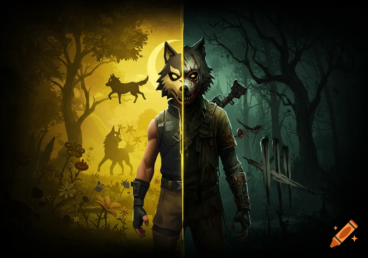 A vertical split illustration of a wolf-masked character. The left is a bright yellow Fortnite scene; the right is a dark, gory Dead by Daylight scene.