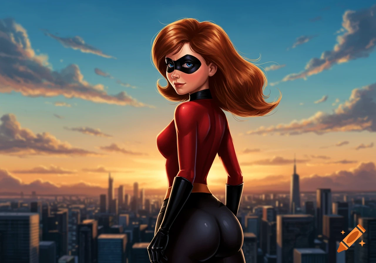 Ms. Incredible looks back over her shoulder while standing over a city at sunset in an animated style.