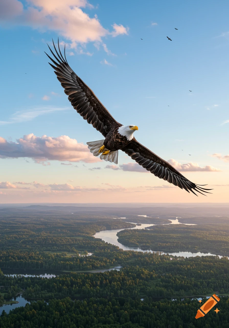 A bald eagle with outstretched wings soars over a vast green forest and winding river during sunset.
