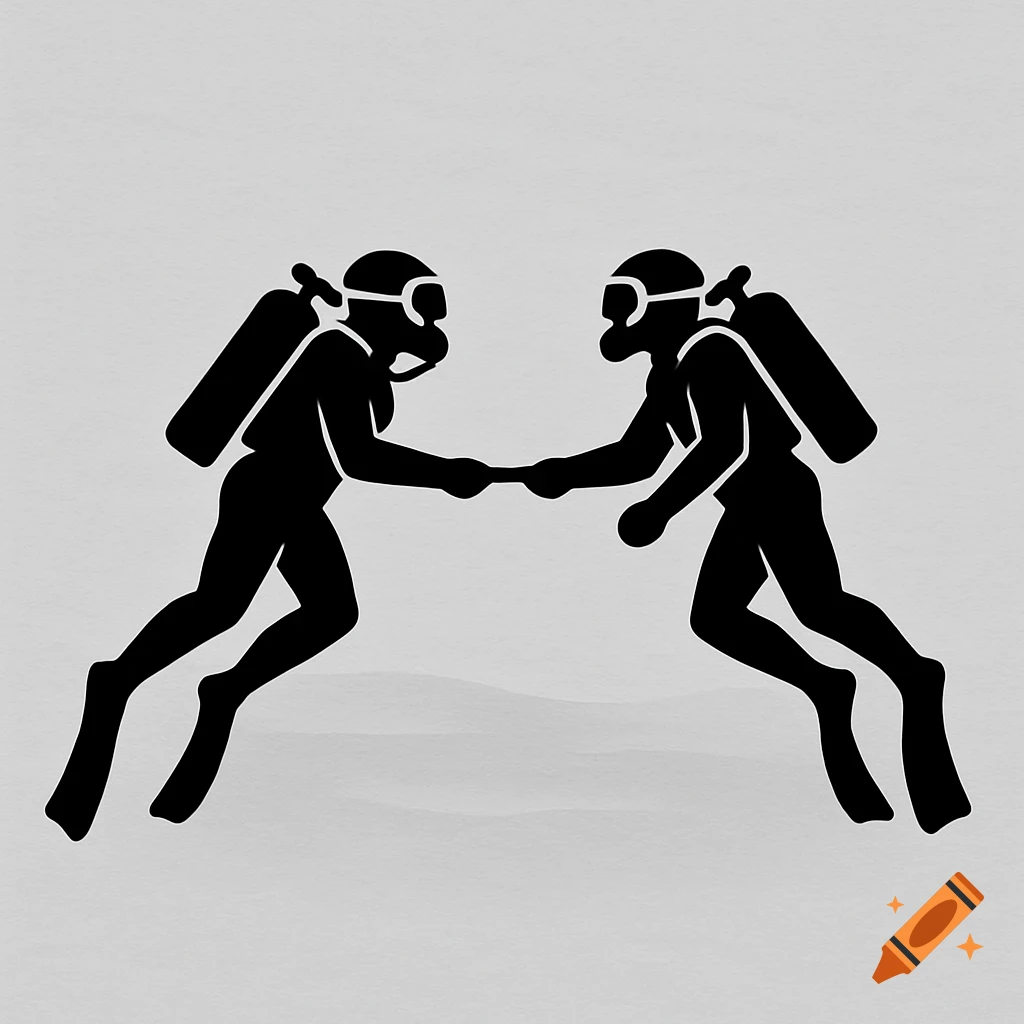 Two black silhouette scuba divers face each other, shaking hands, on a light gray background, designed as a logo.
