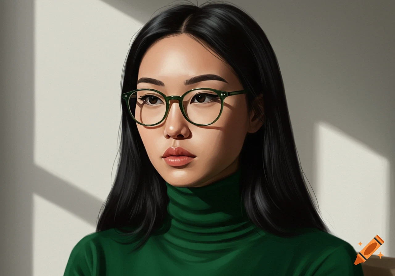 A close-up digital art portrait of an Asian woman with long black hair, wearing green-rimmed glasses and a dark green turtleneck, looking to the left.