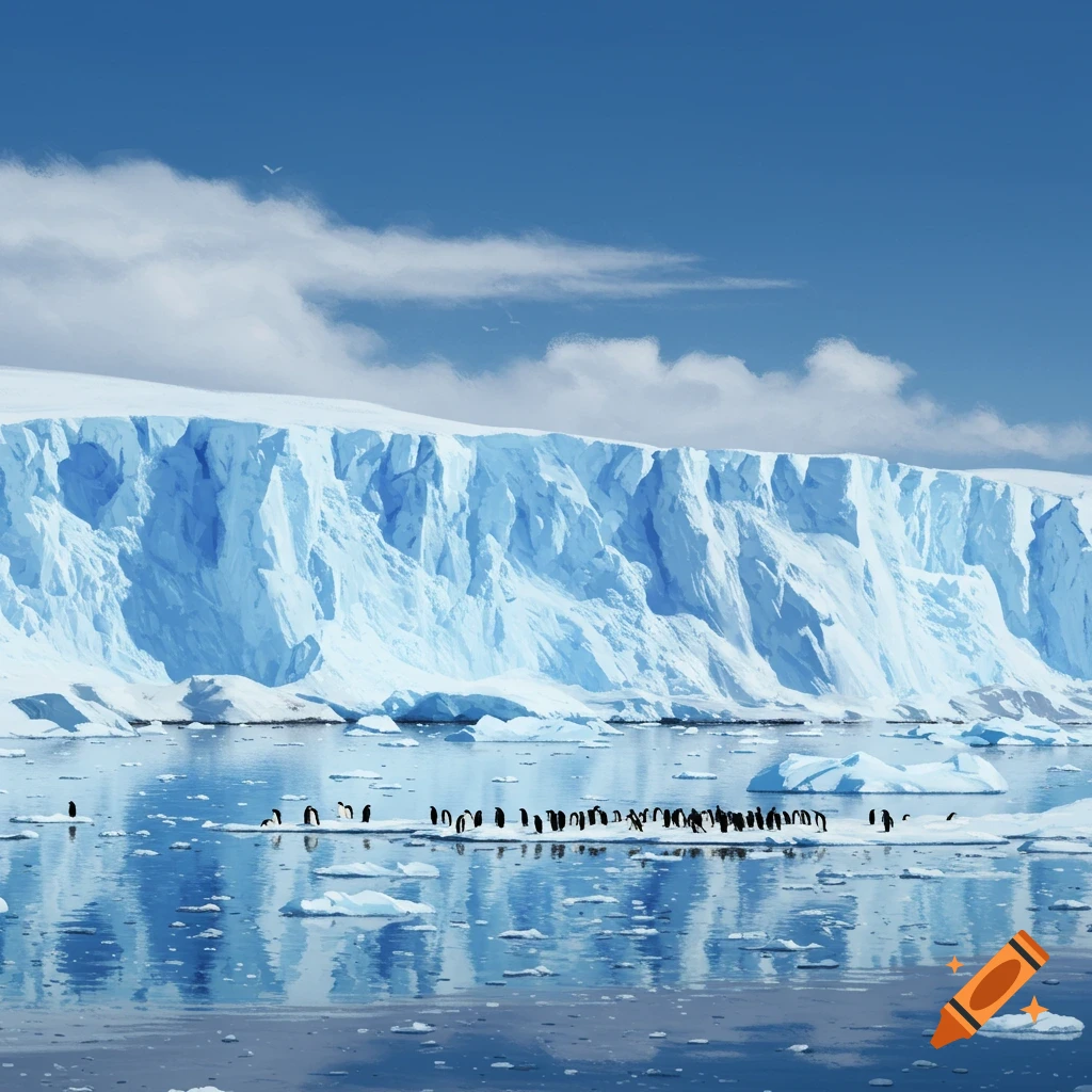 A vast blue ice wall towers over calm water with numerous penguins on floating ice chunks under a clear blue sky.