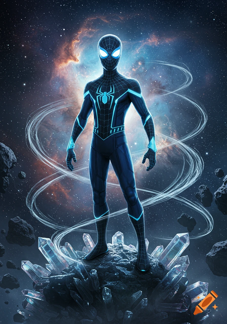A glowing blue and black superhero stands on a crystal-covered asteroid in a cosmic space scene with nebulae and stars.