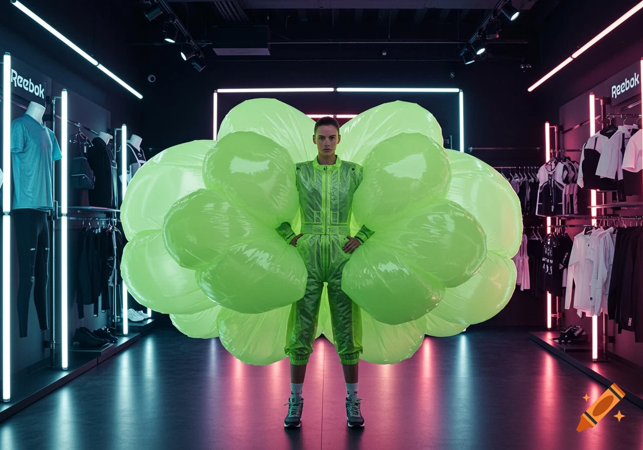 A person in a bright neon green inflated jumpsuit stands in a futuristic Reebok sportswear store with neon lighting.