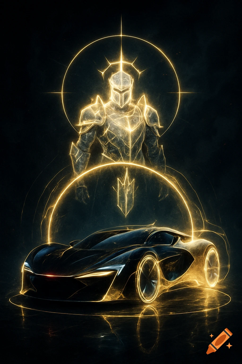 A glowing futuristic knight hovers above a sleek, dark hypercar with golden energy outlines on a dark background.