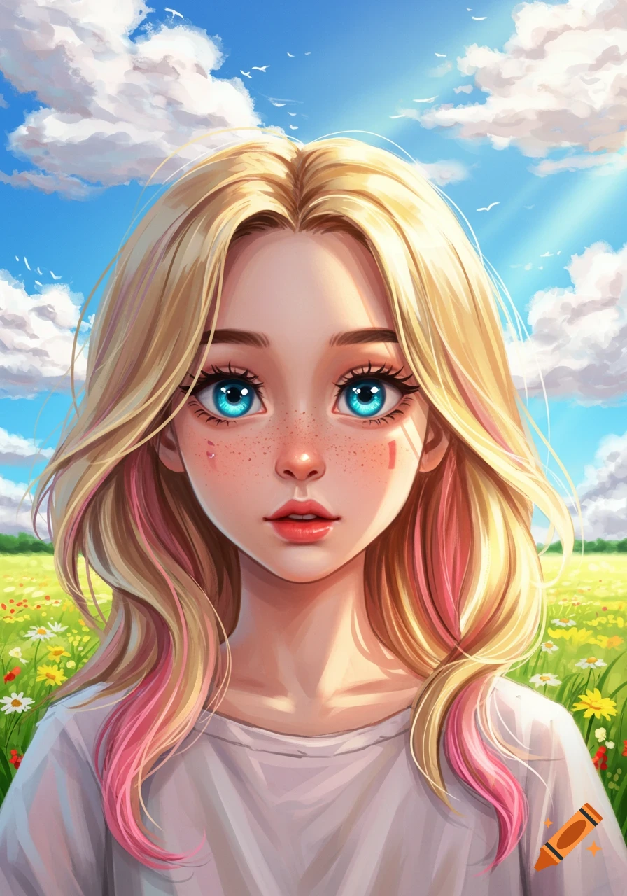 Digital art portrait of an anime girl with blonde hair, pink highlights, bright blue eyes, and freckles, in a flower field.