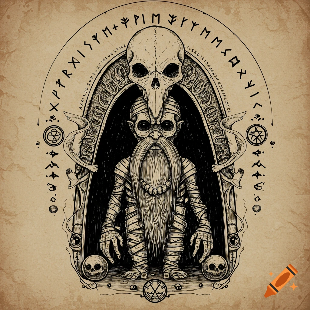 Engraving-style illustration of a mummified creature with a long beard and a bird skull on its head, surrounded by occult symbols on aged paper.