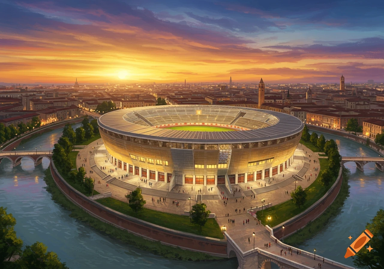 Illustrated aerial view of a large sports stadium surrounded by a river and city at sunset.