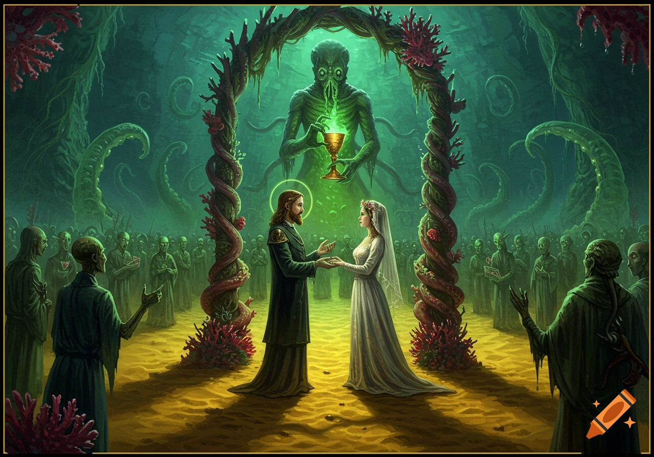 A Lovecraftian wedding ceremony underwater, with a couple getting married before a towering Cthulhu-like entity and a crowd of robed figures.