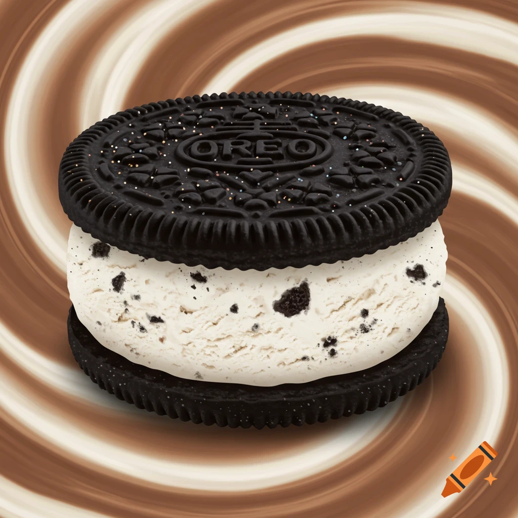 A photorealistic Oreo ice cream sandwich with a cookies and cream filling and sparkling black cookies on a swirl background.