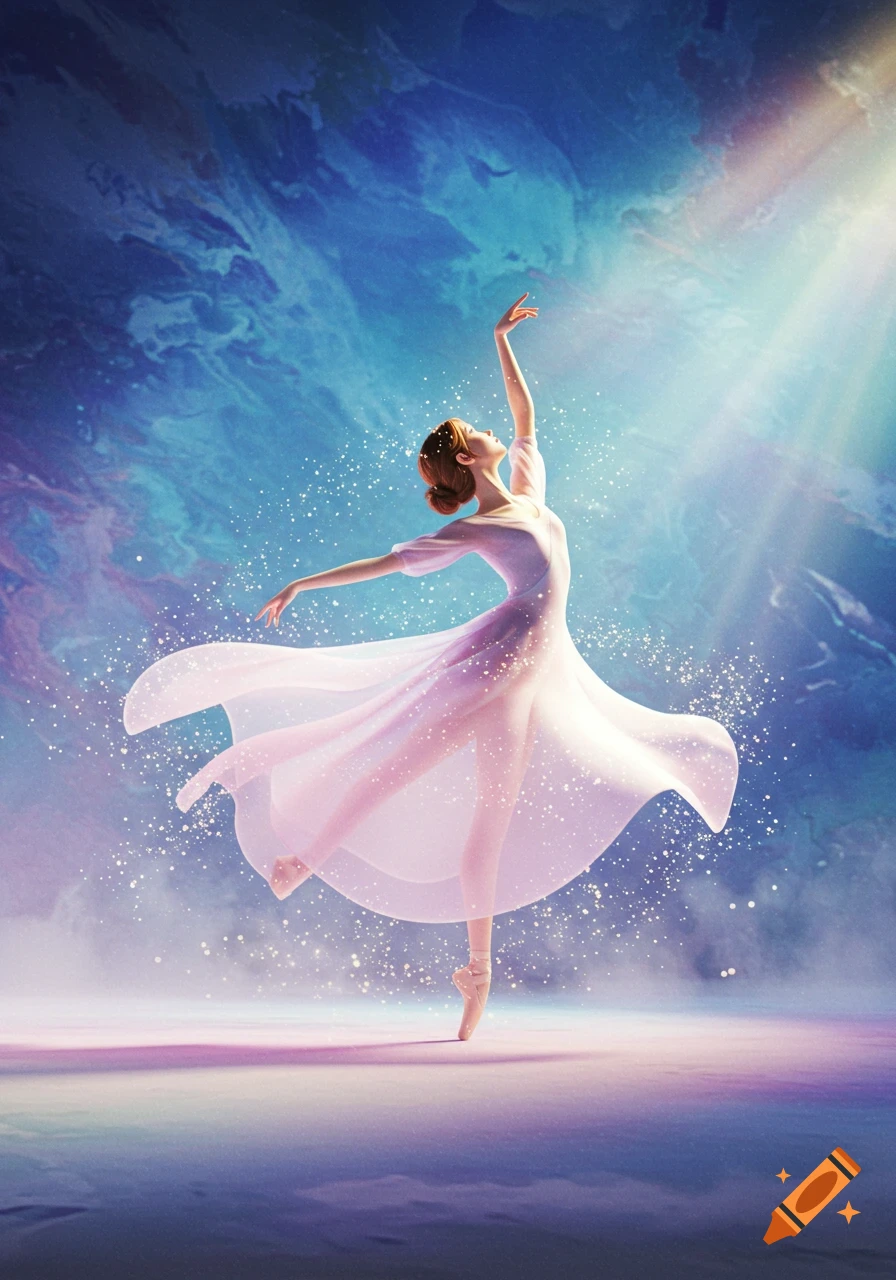 A graceful ballerina in a light pink dress dances en pointe amidst sparkling dust against a vibrant blue and purple background.