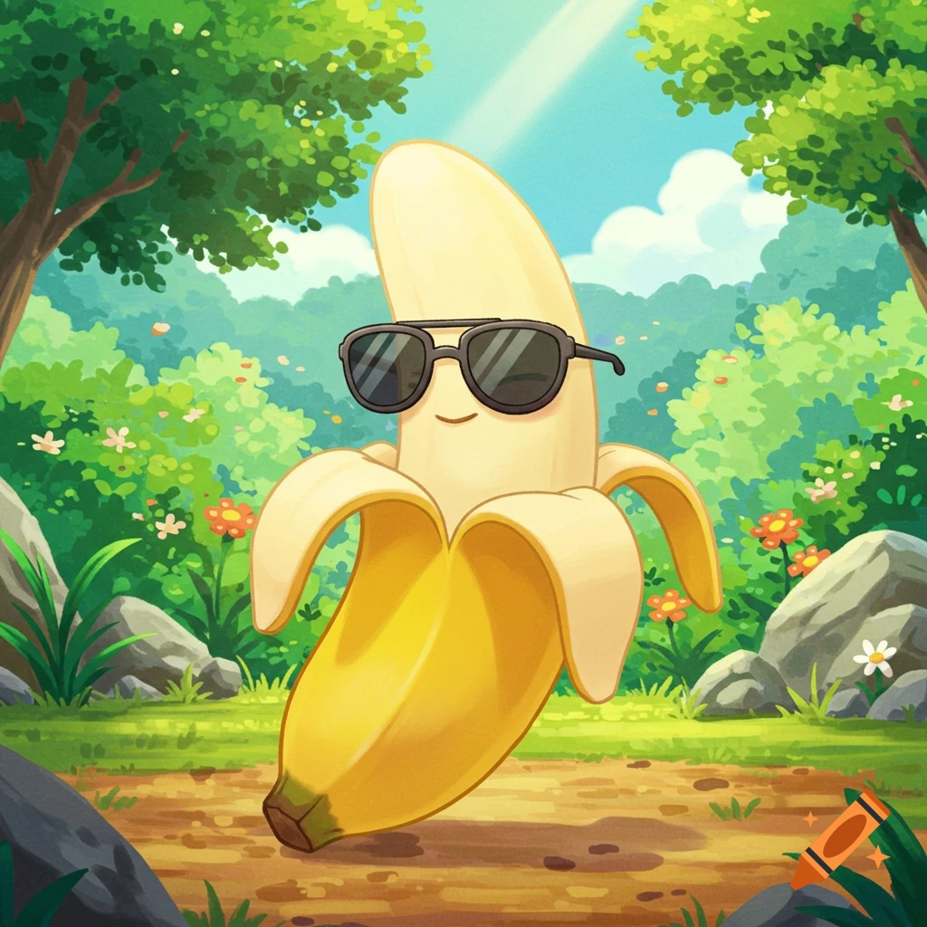 A cartoon banana wearing sunglasses stands in a vibrant, lush forest, drawn in a Pokemon-like style.