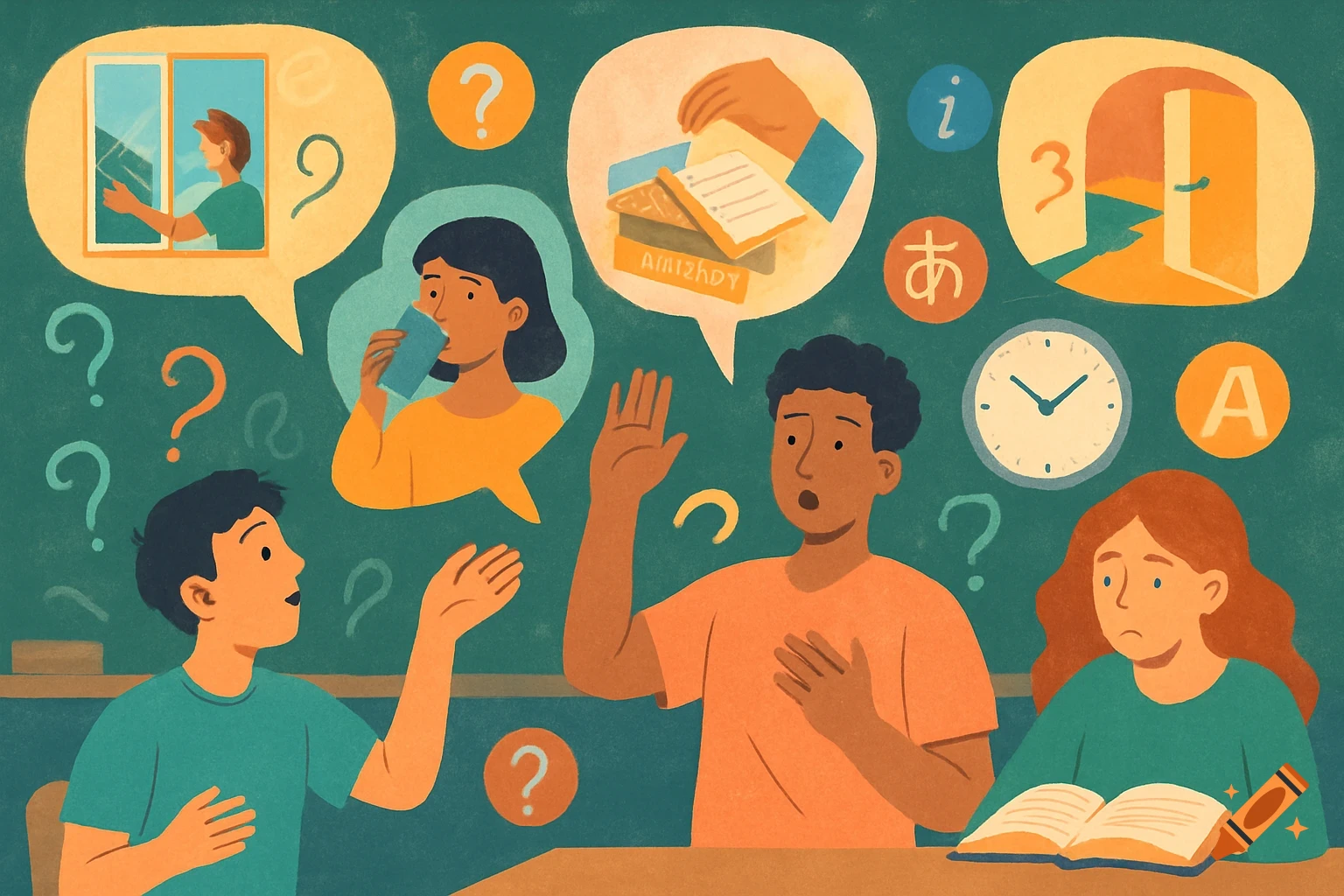 An illustration showing three students in a classroom with thought bubbles above them. One student asks a question with raised hands, while others show various thoughts like asking for water, looking out a window, or consulting books.