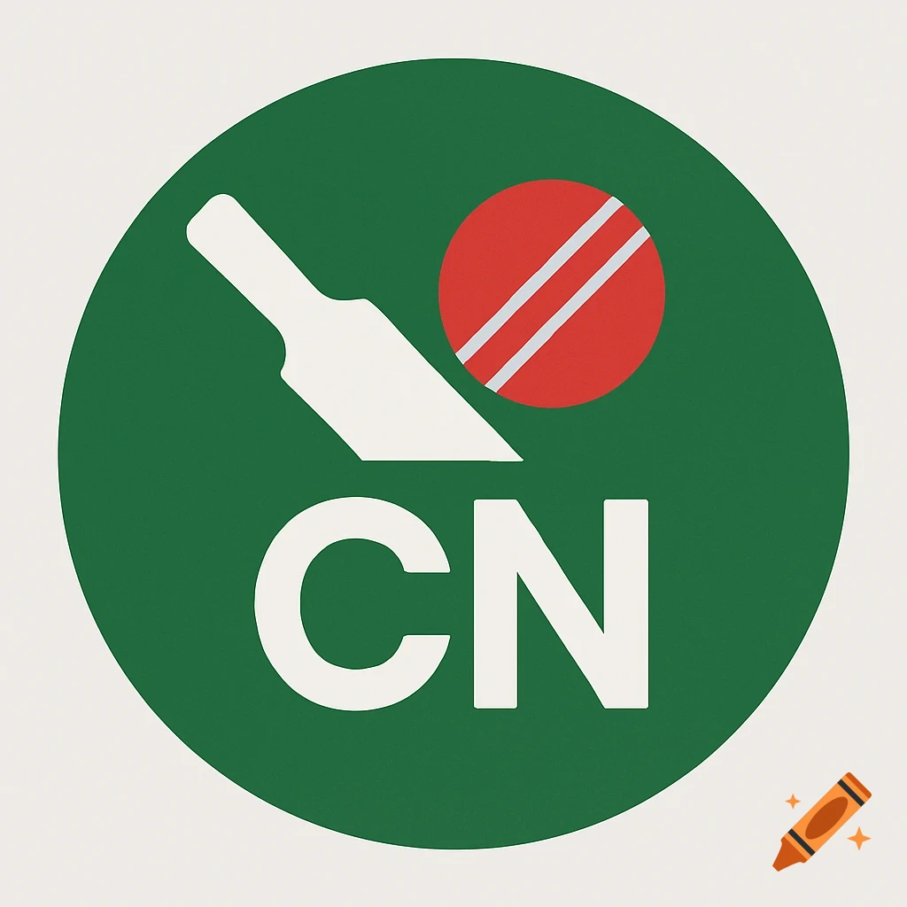 A minimalist green circular logo featuring a white cricket bat, a red cricket ball with white stripes, and the letters 'CN'.