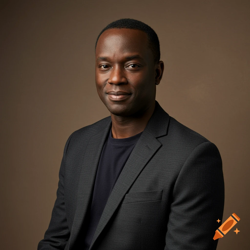 A smiling Black man in a dark suit and t-shirt looks at the viewer against a brown background.