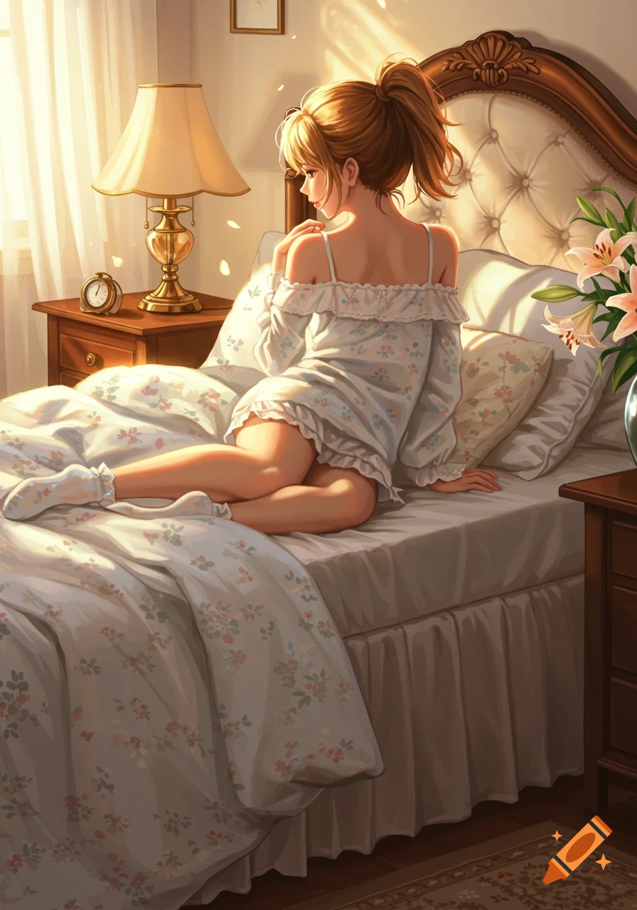 Anime girl with a ponytail and ankle socks lying on a bed in a sunlit room.