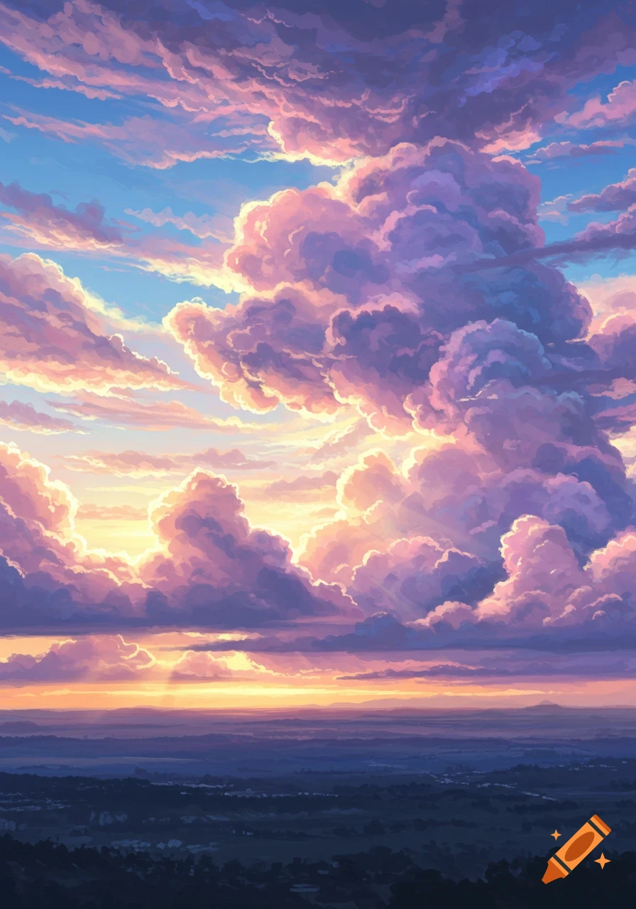 Vibrant, illustrative sky at sunset with large purple and pink clouds over a distant, dark landscape.
