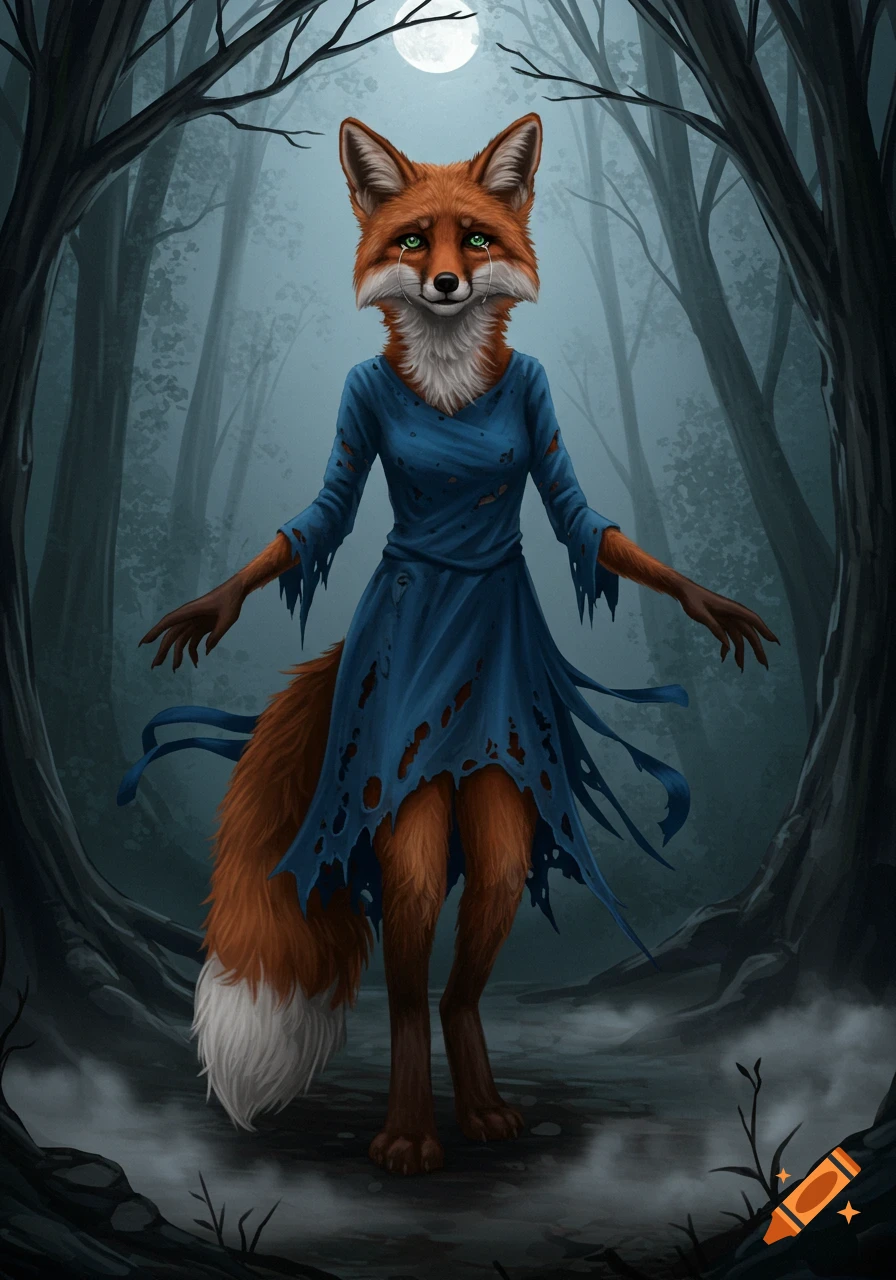 A sorrowful fox woman in a torn blue dress stands with outstretched arms in a dark, misty forest under a full moon.