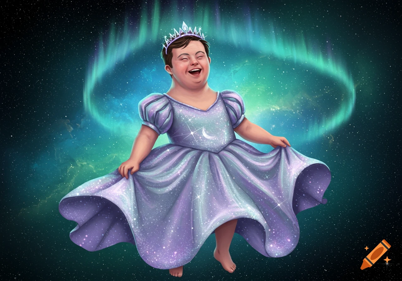 Joyful man with Down syndrome in a sparkly princess dress and tiara, floating in starry space with aurora borealis.