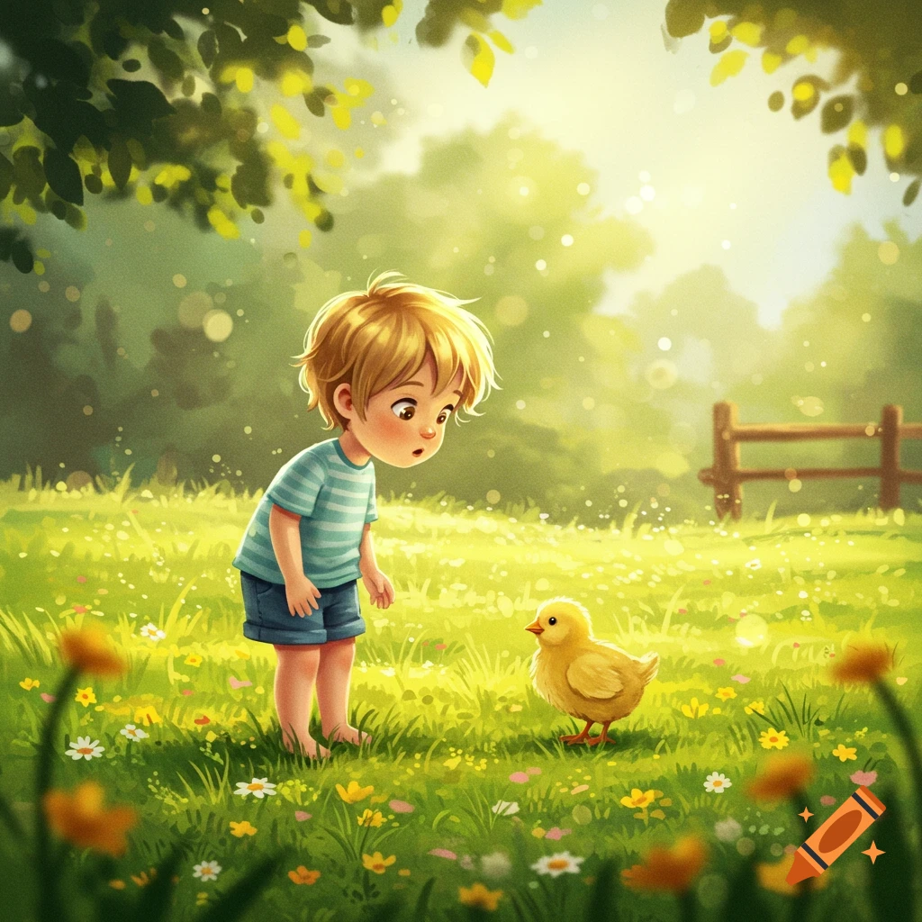A blond boy in a striped shirt looks curiously at a yellow chick in a vibrant, sunny green field with flowers, in an illustrated style.