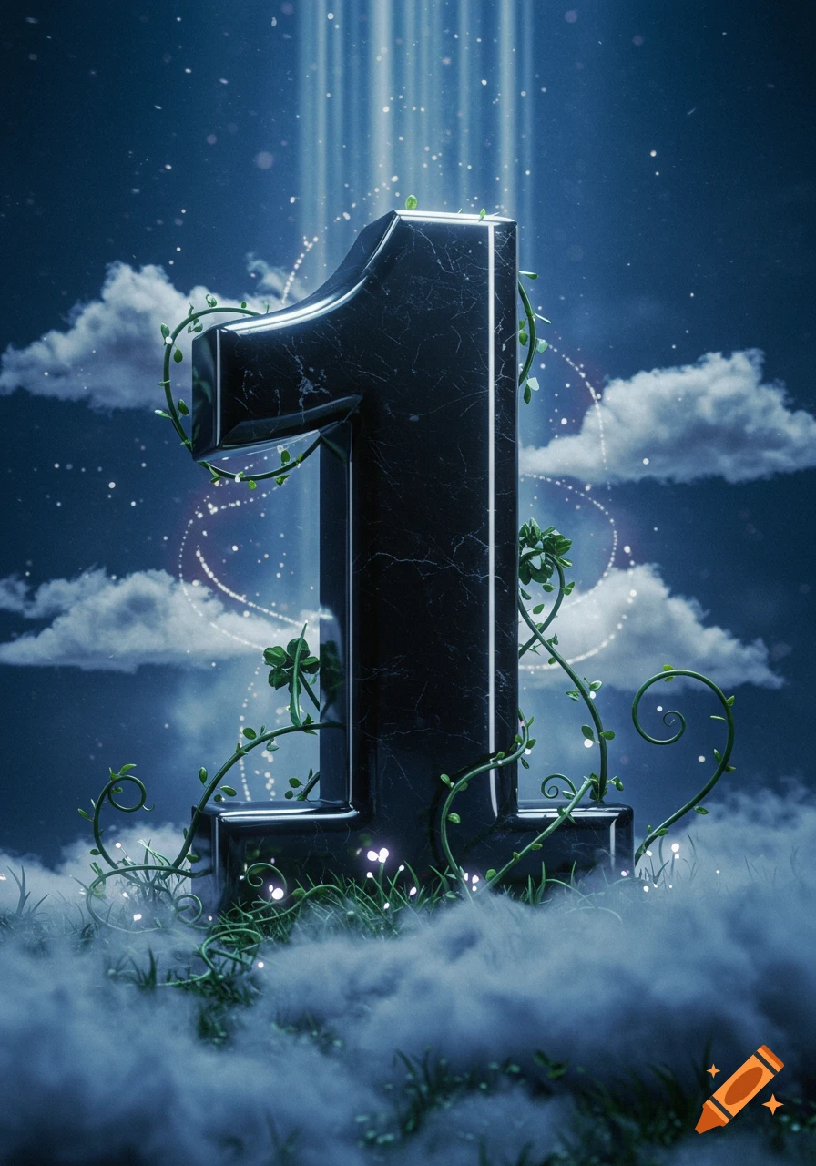 A mystical 3D rendered number '1' made of dark marble, covered in glowing vines, surrounded by clouds and light rays from a starry sky.