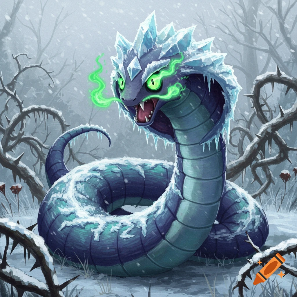 An icy blue and purple snake creature with glowing green eyes and exhaling green mist in a snowy, thorny winter forest.