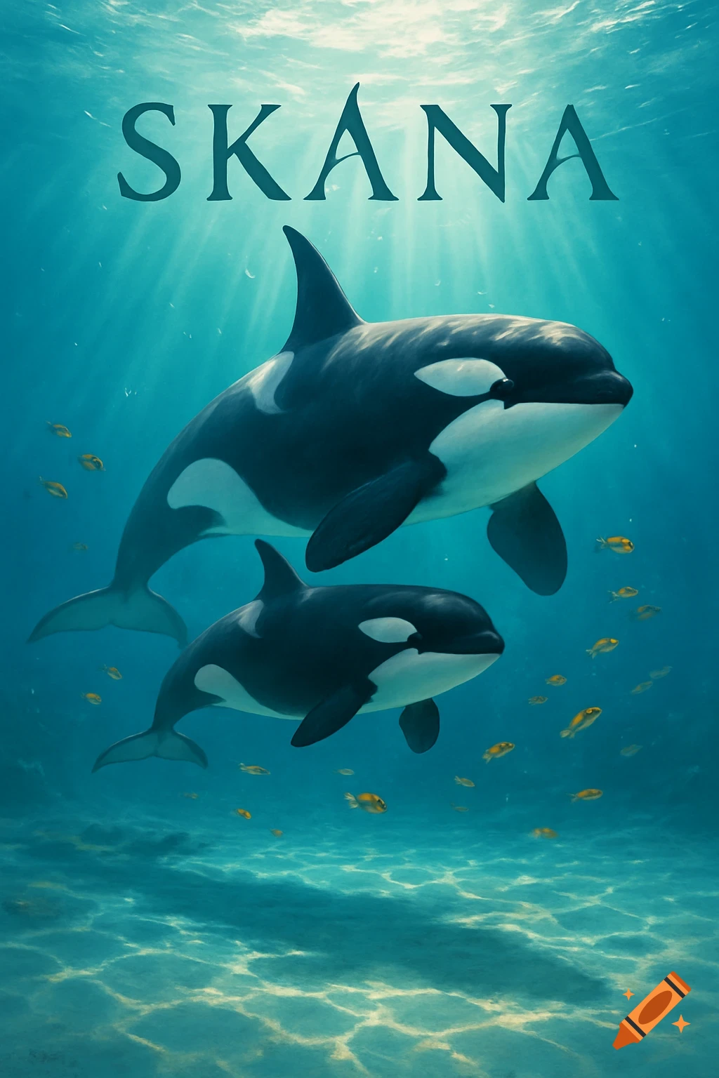 A mother orca and her calf swim gracefully in a sunlit ocean, with the word 'SKANA' appearing above them.