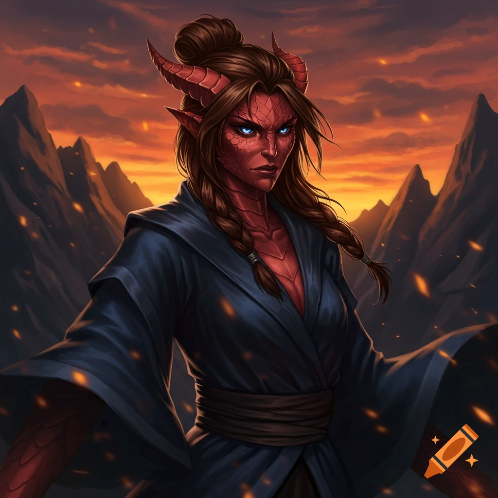 Red-skinned female dragonborn with horns, glowing blue eyes, brown hair, and a dark blue robe against a fiery mountain sunset.