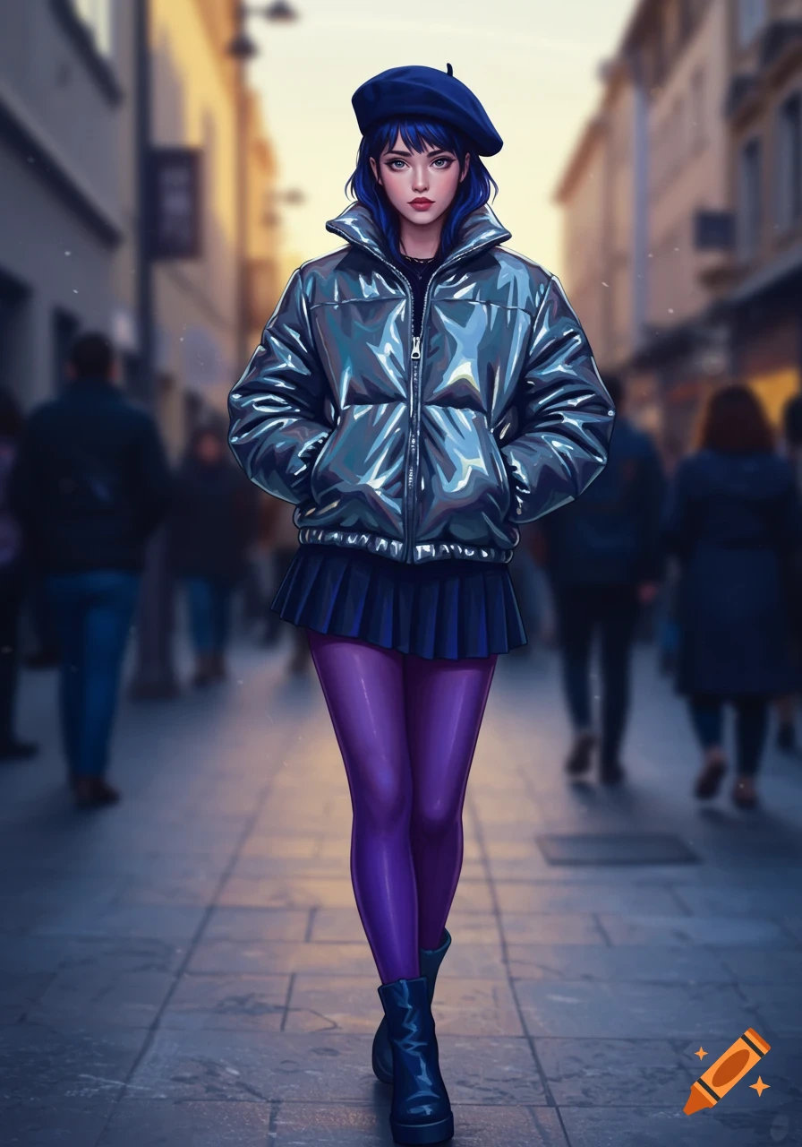 Stylized illustration of a young woman in a blue beret, shiny puffer jacket, miniskirt, purple tights, and boots on an urban street.