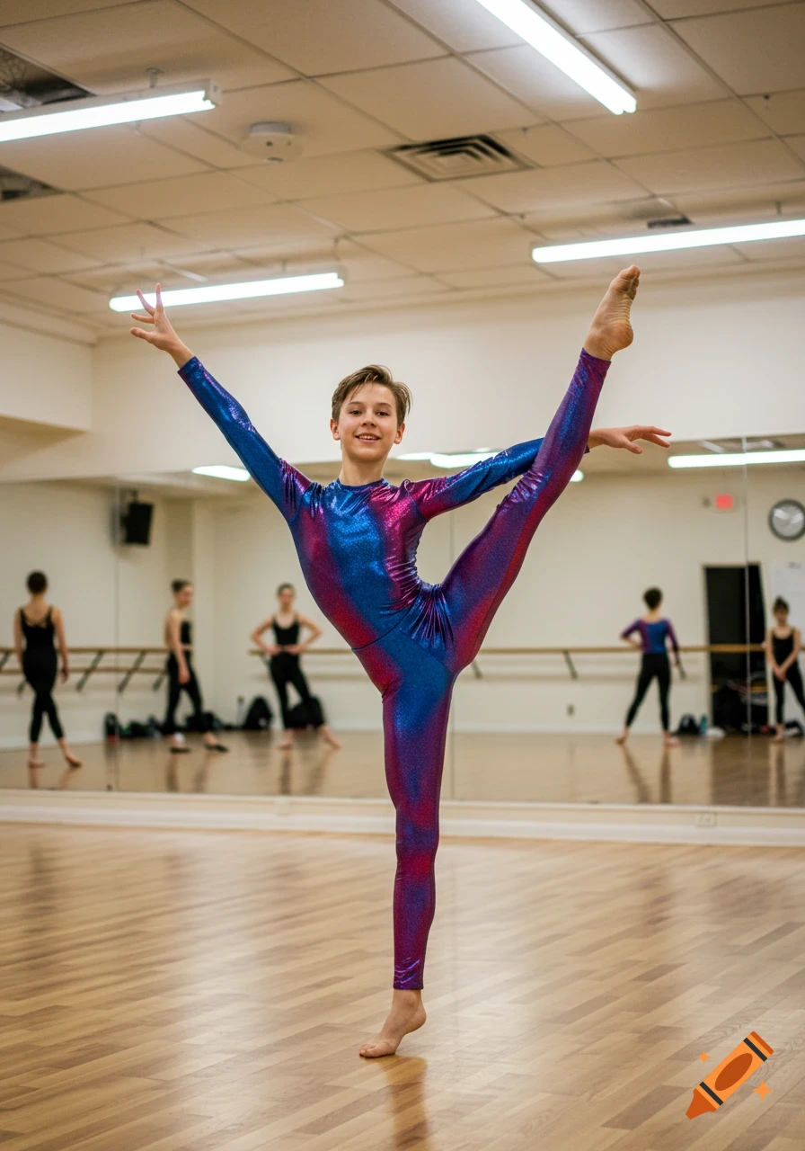 A young boy in a shiny blue and pink leotard does a high leg stretch in a dance studio with mirrors.