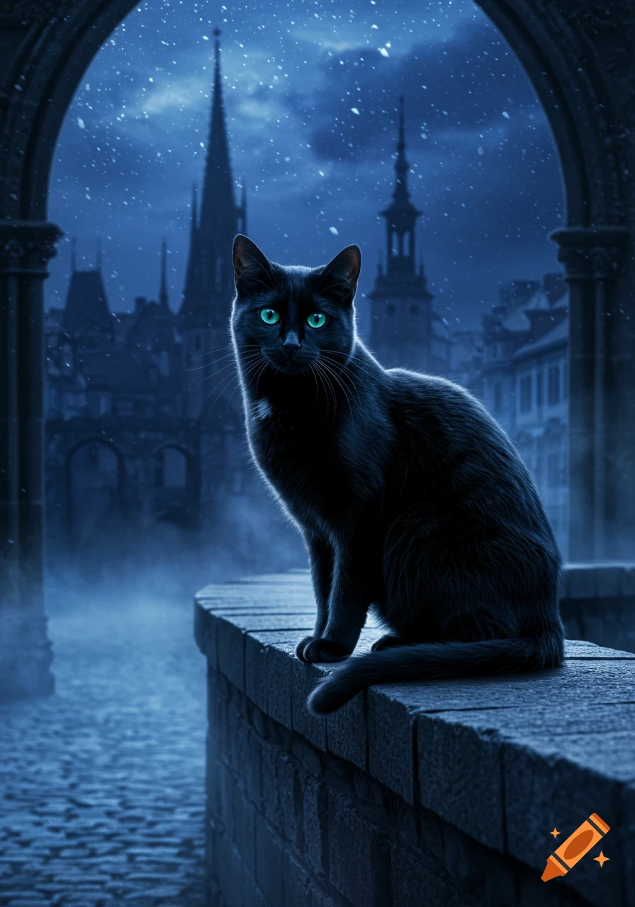 A black cat with glowing green eyes sits on a stone wall in a misty, snowy gothic city at night, under tall spires.