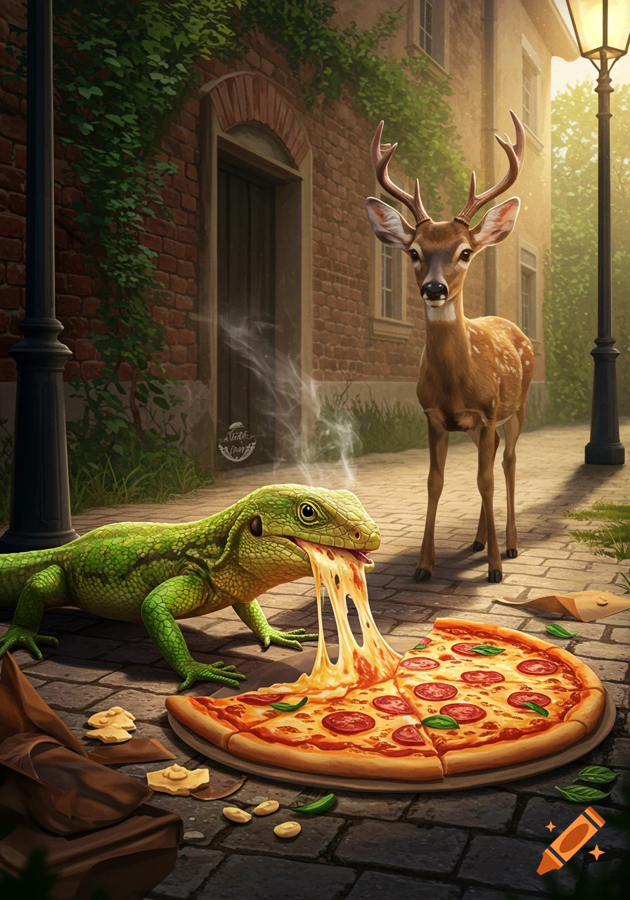 A green lizard eats a slice of pepperoni pizza on a cobblestone street as a deer watches, with an old brick building behind them.