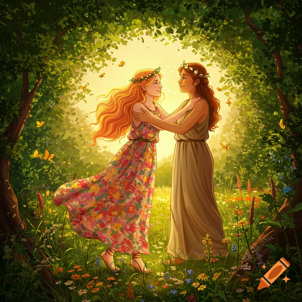 Two women with flower crowns embrace in a lush, sun-dappled forest clearing filled with wildflowers and butterflies.