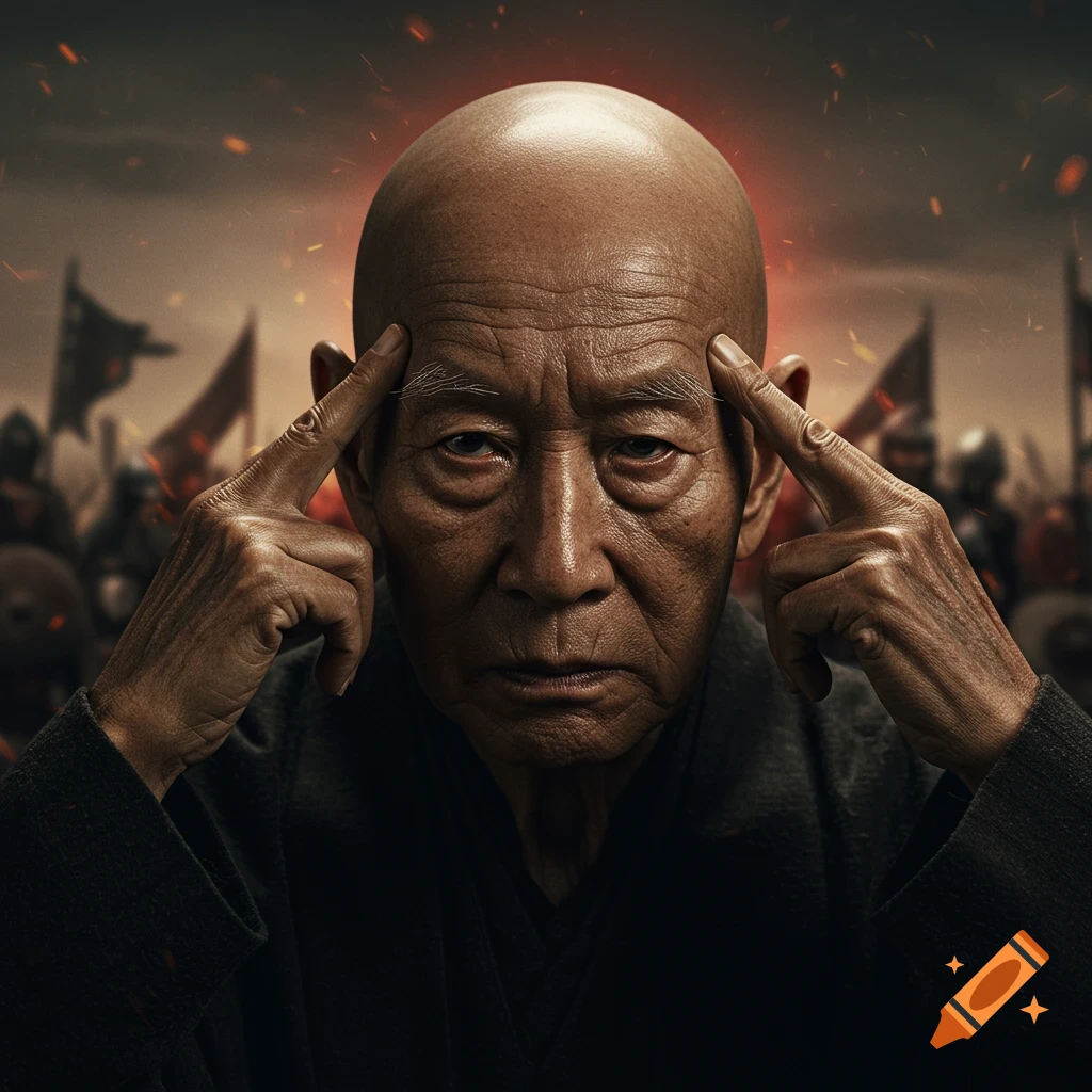 Photorealistic portrait of a bald, elderly Asian man with fingers pressed to his temples, a faint red glow behind his head, against a blurred medieval battlefield.