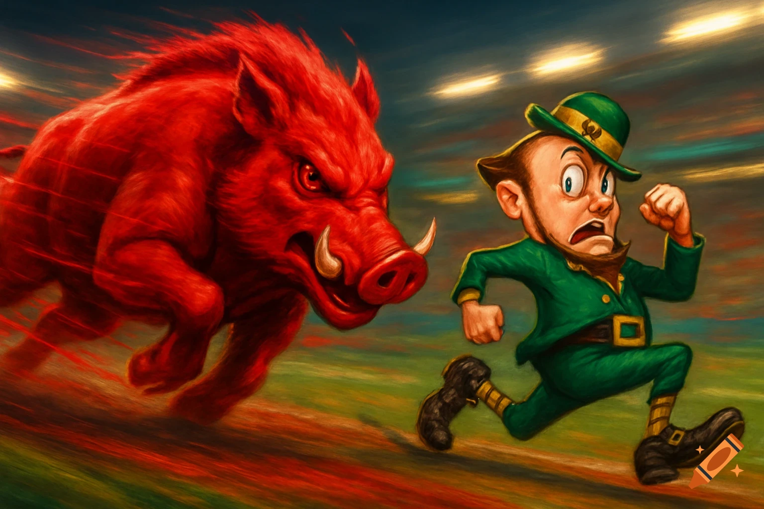 A scared leprechaun runs from a charging red wild boar on a sports field, stylized illustration.