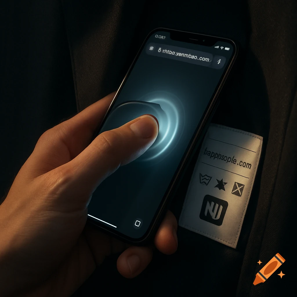 A hand holds a smartphone, tapping it near a clothing care label. The phone screen shows a glowing interaction effect and a URL.