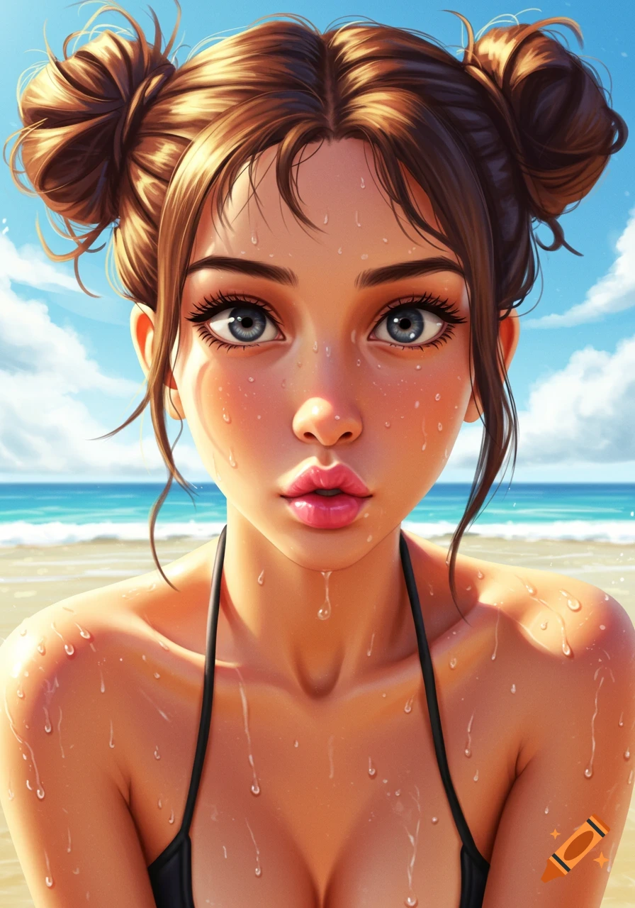 Stylized portrait of a young woman with two buns, big blue eyes, and wet skin on a sunny beach, wearing a black bikini top.