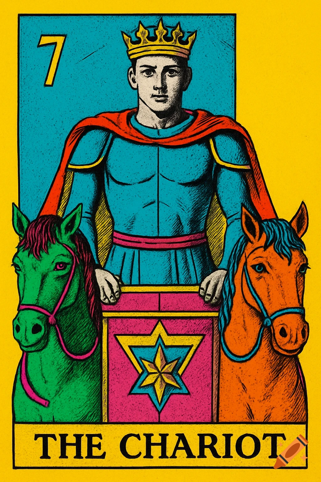 A vibrant pop art tarot card, "The Chariot" (card 7), featuring a crowned king and two horses in front of a colorful geometric char.