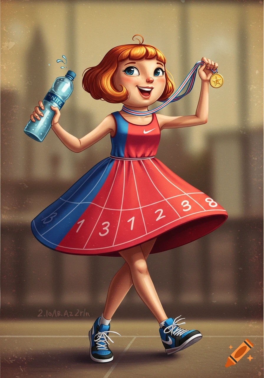 A smiling cartoon girl with short red hair wears a red and blue dress designed like an athletic track. She holds a gold medal in her right hand and a water bottle in her left. She wears blue Nike sneakers. The art style has a slightly vintage feel.