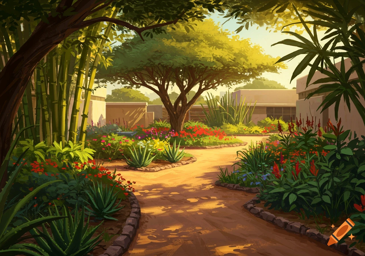 Lush, sunlit garden path winding through vibrant flowers and green trees, with buildings in the background. Illustrative style.