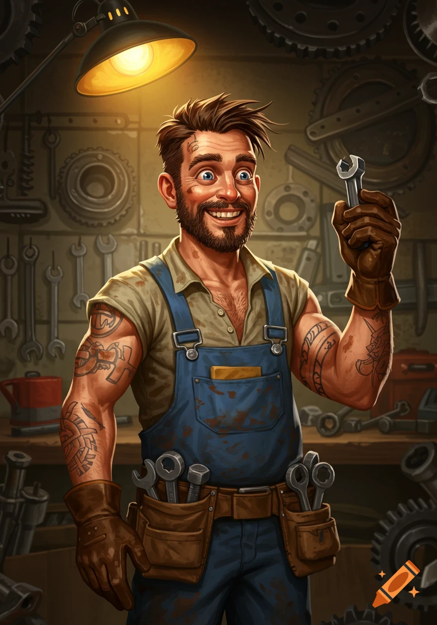 Cartoon illustration of a smiling, cross-eyed mechanic with a beard, overalls, and tattoos, holding a wrench in a workshop.
