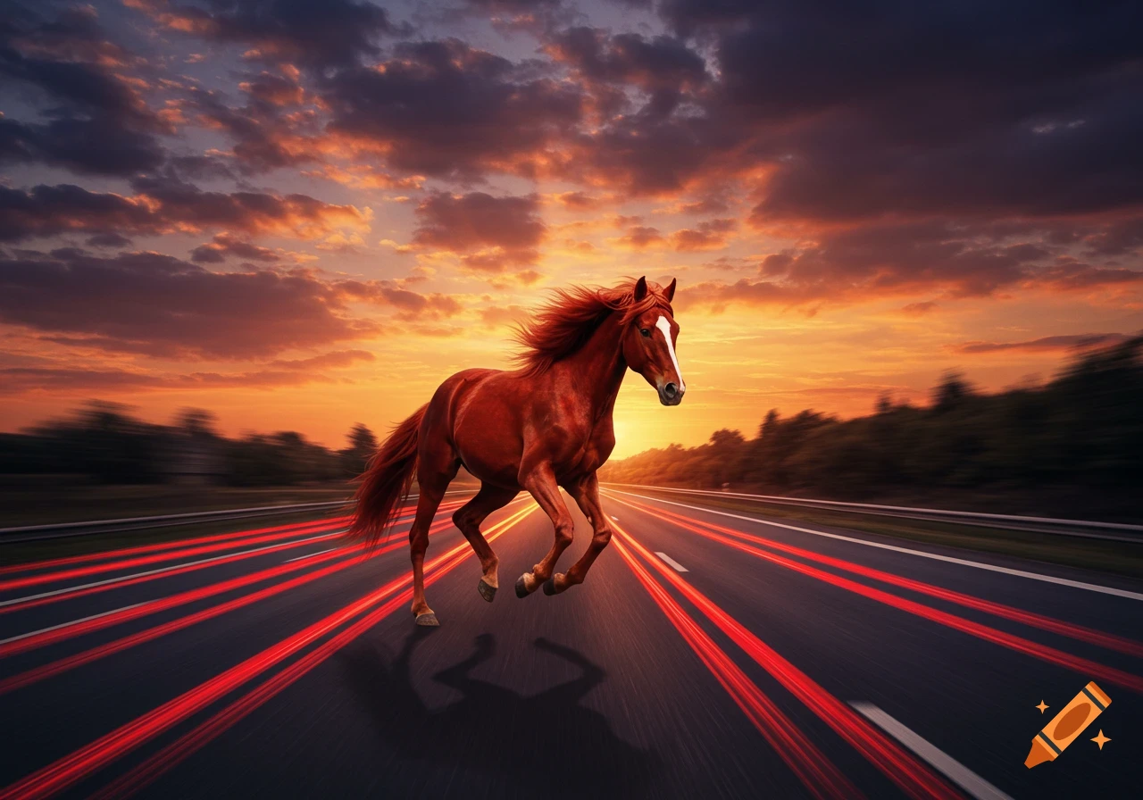 A majestic red horse gallops down a blurred highway at sunset, with glowing red light trails streaking along the road.