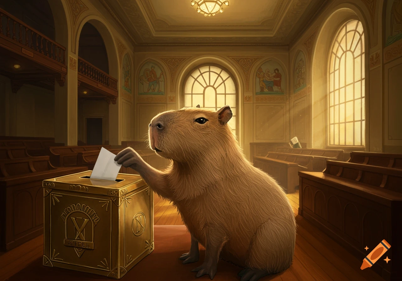 A capybara is putting a ballot into a golden ballot box in a grand, sunlit assembly hall. Photorealistic style.