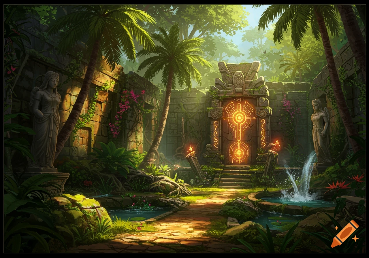 A vibrant, mystical jungle ruin with glowing ancient symbols on a large stone gate, surrounded by palm trees and statues.