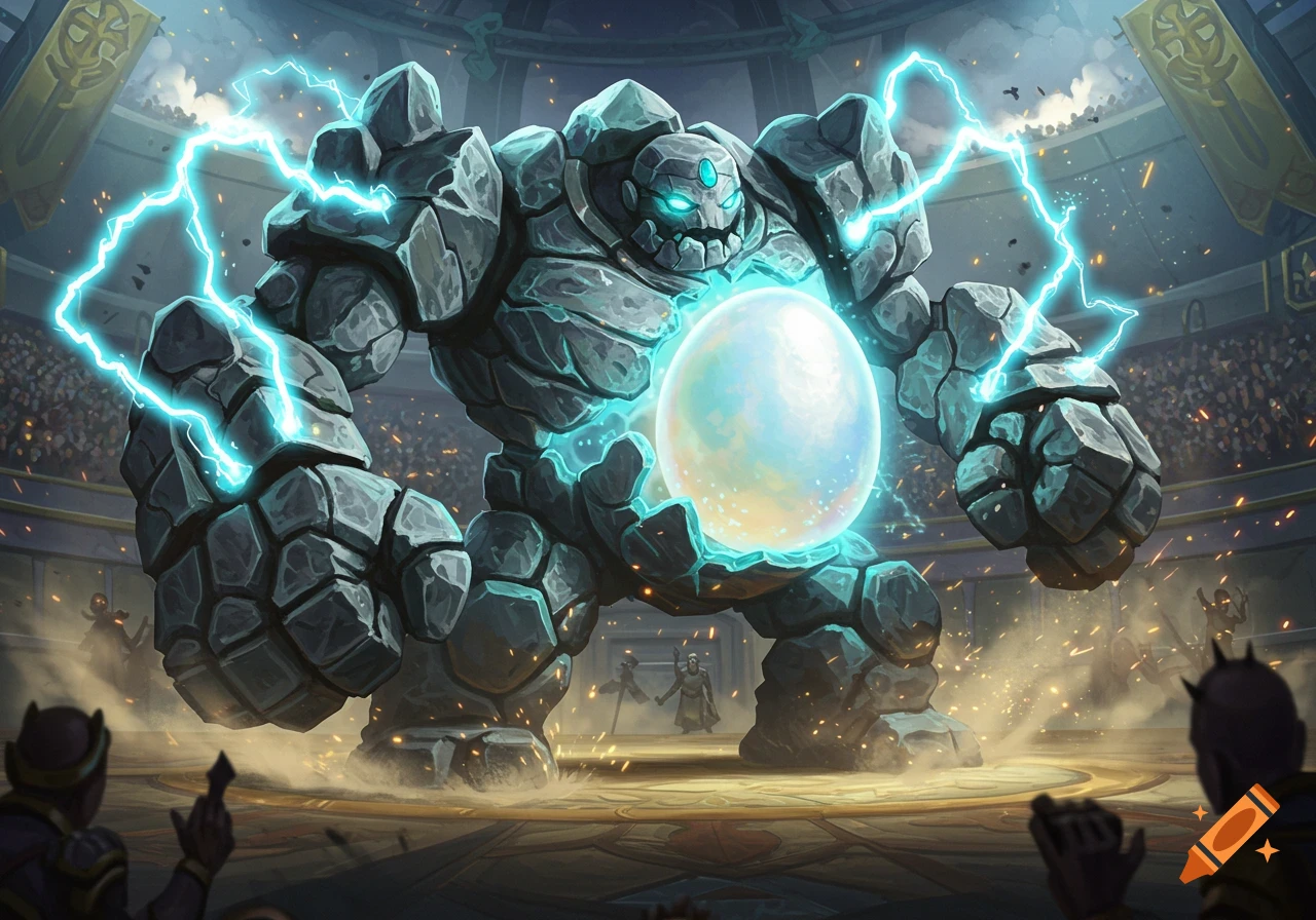 A massive rock golem crackles with blue lightning, holding a glowing orb in a crowded arena, digital fantasy art.