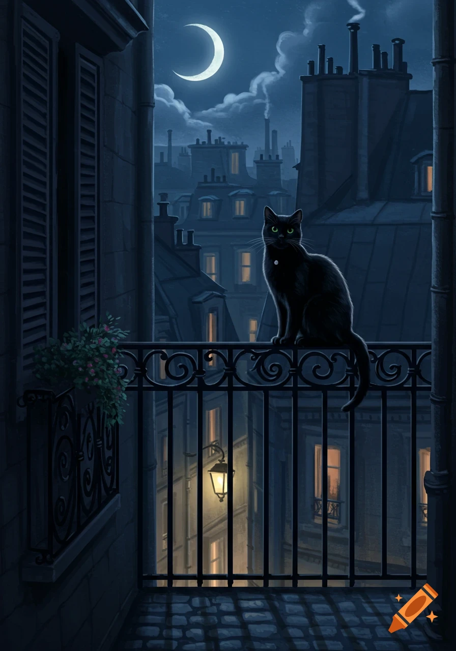 A black cat with glowing green eyes sits on a balcony railing overlooking a moonlit city at night, in an illustrative style.