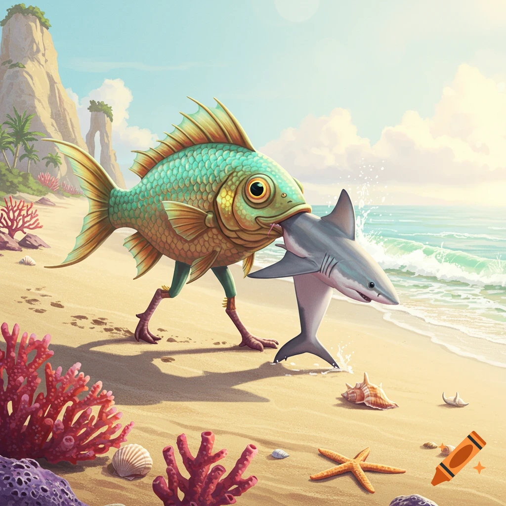A stylized fish with legs walks on a sunny beach, carrying a shark in its mouth. Coral, shells, and ocean waves are visible.