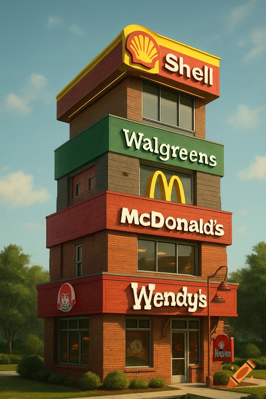 A tall, stacked building with a Shell sign on top, followed by Walgreens, McDonald's, and Wendy's on lower floors, set against a blue sky.