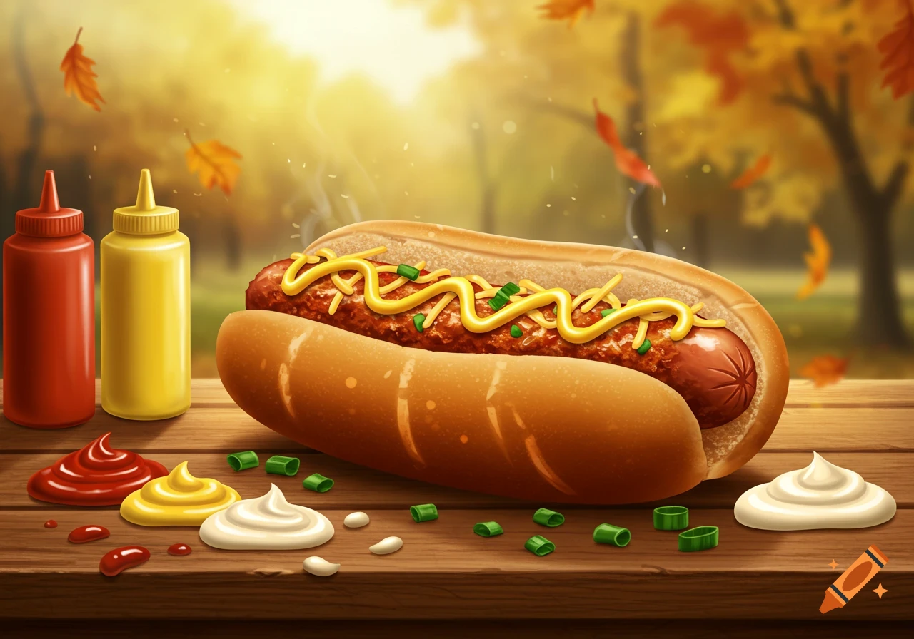 A hotdog topped with chili, cheese, and mustard, next to bottles of ketchup and mustard, with falling autumn leaves in the background.