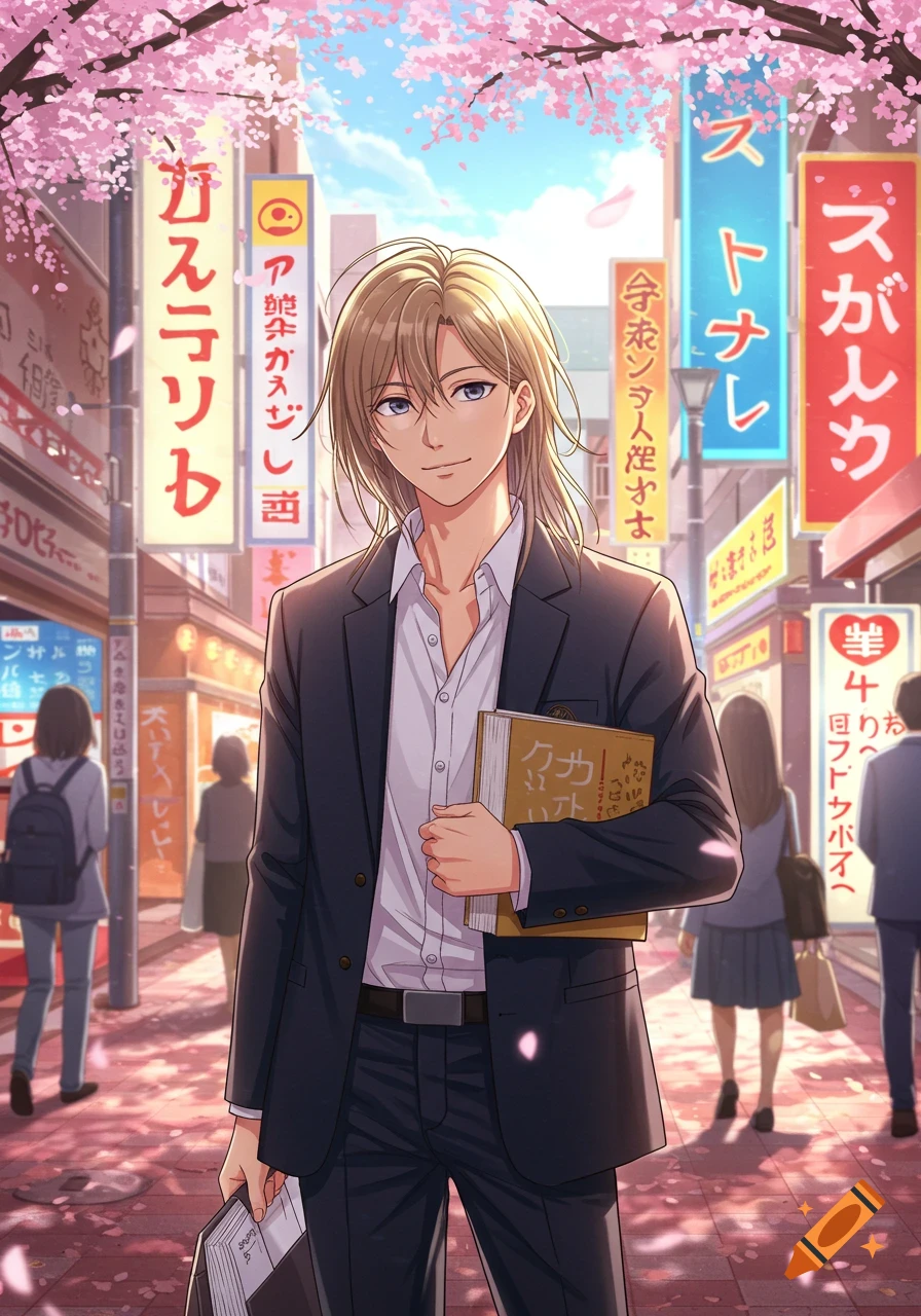 A male university student with long beige hair in a suit jacket holds books and smiles in a Japanese street filled with cherry blossoms and glowing signs.